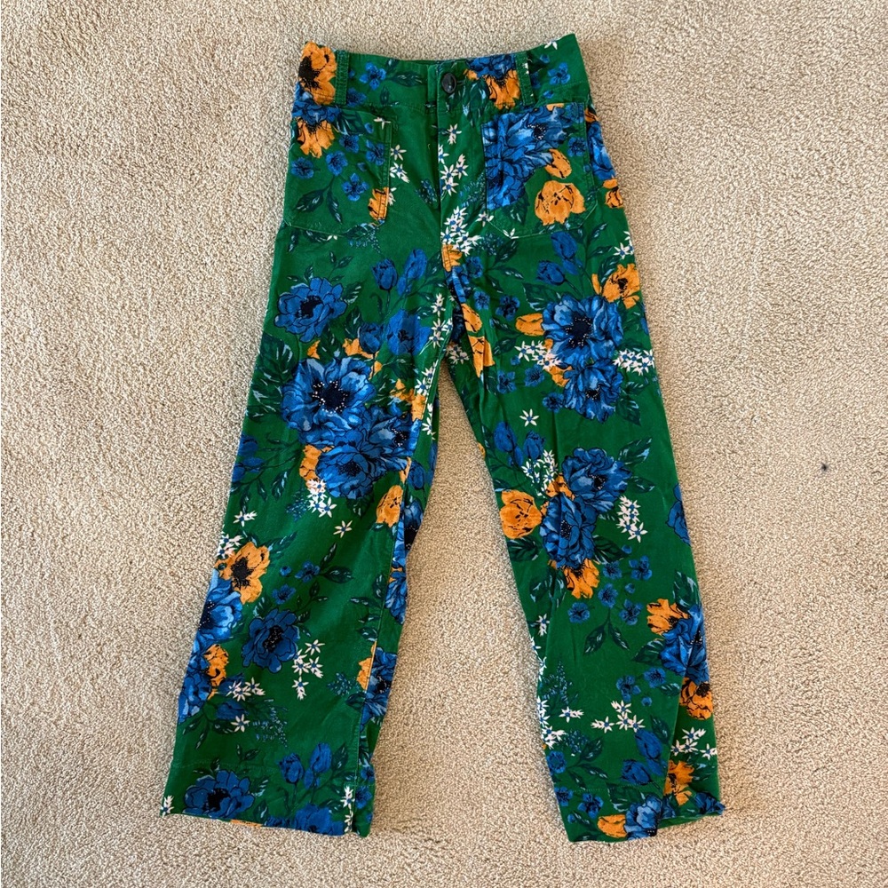 Floral Green Pants with Blue and Orange Accents